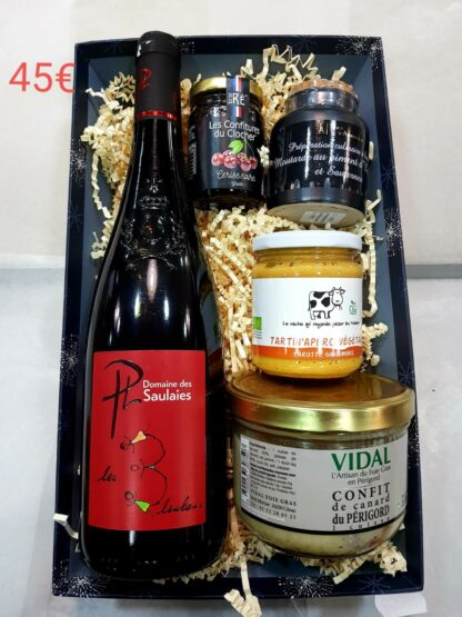 vin rouge Domaine des Saulaies, Tartin'Apéro Végétal, confiture du Clocher, confit de canard, moutarde